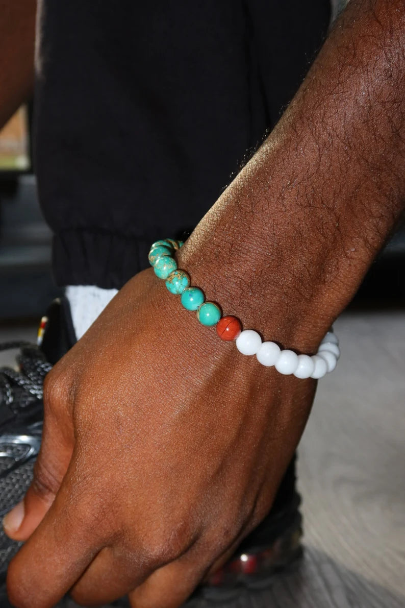 GEMSTONE BRACELETS - green imperial jasper unisex bracelet with white opaque jade and natural red Jasper semi-precious Gemstones; gift for him for her