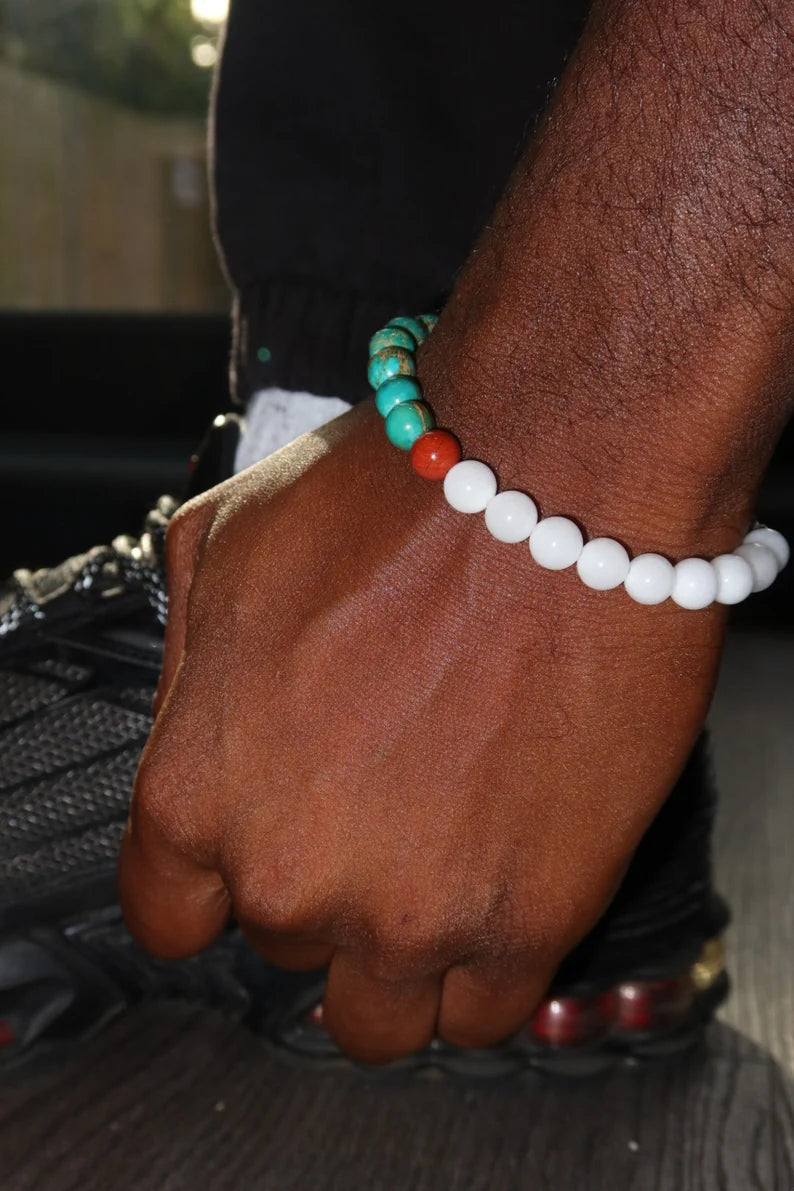 GEMSTONE BRACELETS - green imperial jasper unisex bracelet with white opaque jade and natural red Jasper semi-precious Gemstones; gift for him for her