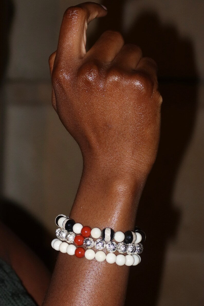 GEMSTONE BRACELETS - Silver-plated lava bead, White coral gemstone, Black and white natural agate faceted gemstone bracelets
