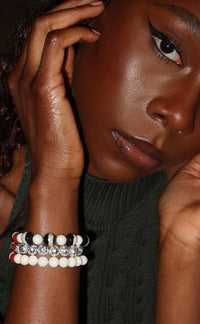 GEMSTONE BRACELETS - Silver-plated lava bead, White coral gemstone, Black and white natural agate faceted gemstone bracelets