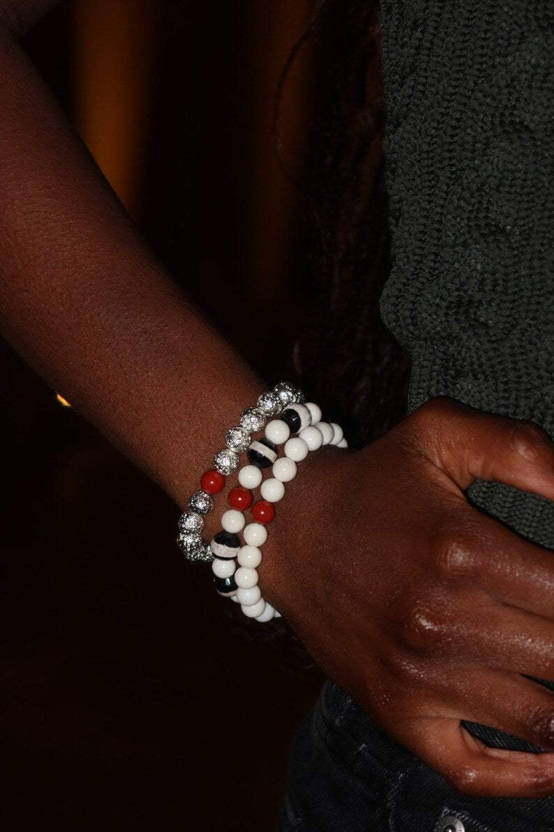 GEMSTONE BRACELETS - Silver-plated lava bead, White coral gemstone, Black and white natural agate faceted gemstone bracelets
