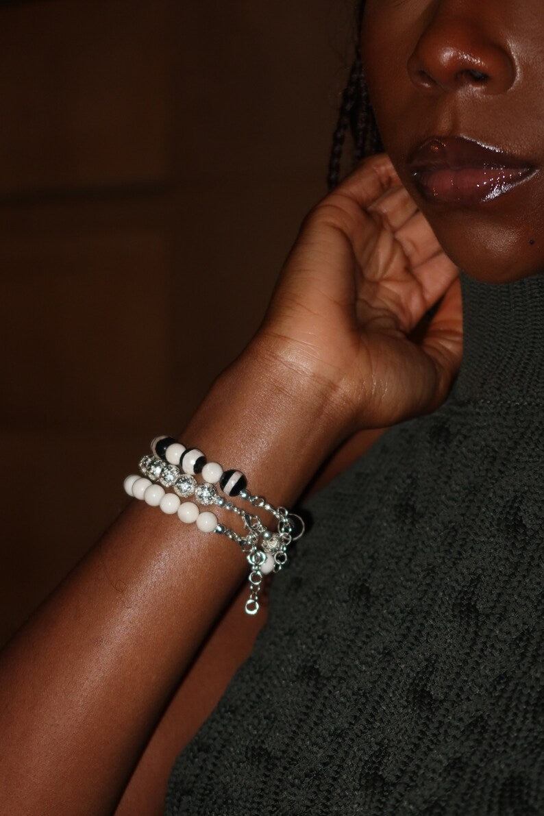 GEMSTONE BRACELETS - Silver-plated lava bead, White coral gemstone, Black and white natural agate faceted gemstone bracelets