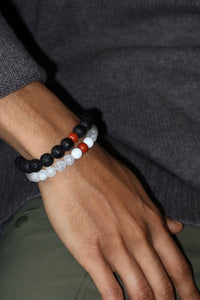 GEMSTONE BRACELETS - Black Lava bead with Red Jasper, Crackle Quartz with White Opaque Jade Natural Red Jasper Gemstone