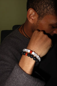 GEMSTONE BRACELETS - Black Lava bead with Red Jasper, Crackle Quartz with White Opaque Jade Natural Red Jasper Gemstone