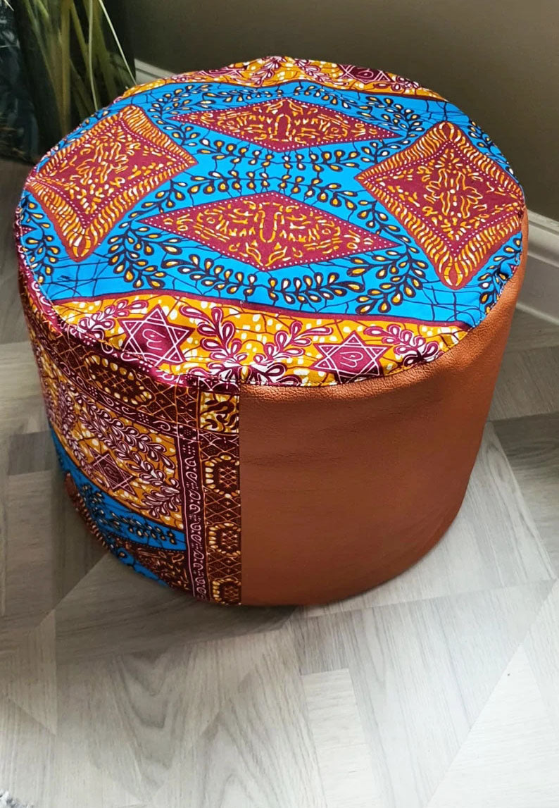 Dazzle - Handmade leather and African print footstool storage pouffe