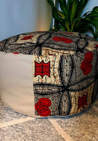 Red and Tan - Handmade leather and African print footstool storage pouffe