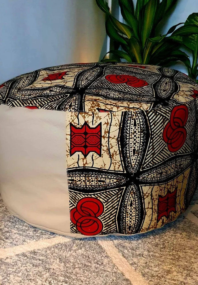 Red and Tan - Handmade leather and African print footstool storage pouffe