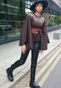Brown wool poncho cape top - kimono African print cape