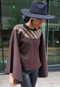 Brown wool poncho cape top - kimono African print cape