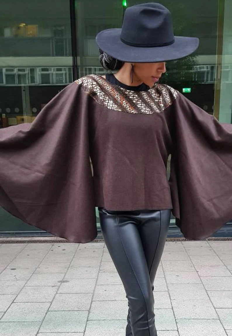 Brown wool poncho cape top - kimono African print cape