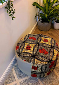 Red and Tan - Handmade leather and African print footstool storage pouffe
