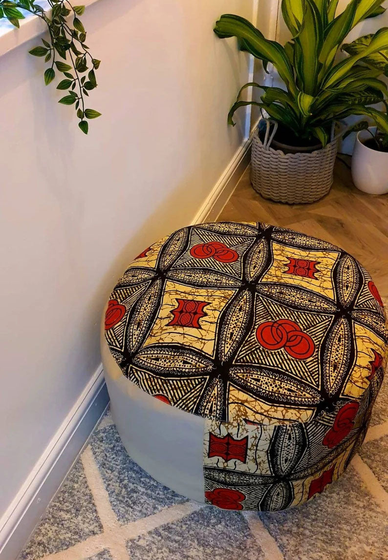 Red and Tan - Handmade leather and African print footstool storage pouffe