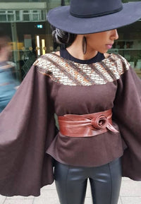 Brown wool poncho cape top - kimono African print cape