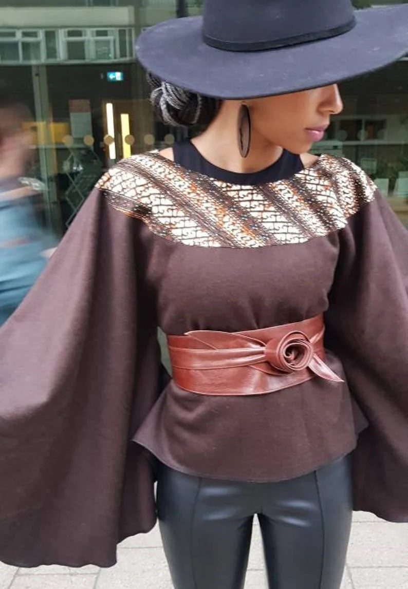 Brown wool poncho cape top - kimono African print cape