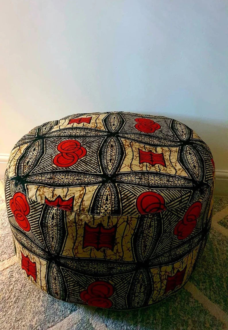 Red and Tan - Handmade leather and African print footstool storage pouffe