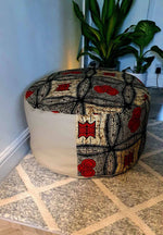 Red and Tan - Handmade leather and African print footstool storage pouffe