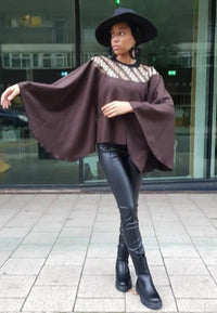 Brown wool poncho cape top - kimono African print cape