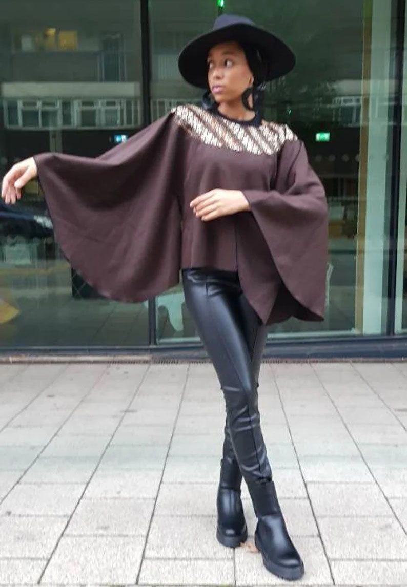 Brown wool poncho cape top - kimono African print cape