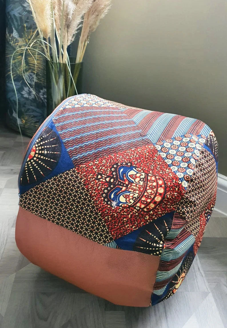 Earth - Handmade leather and African print footstool storage pouffe