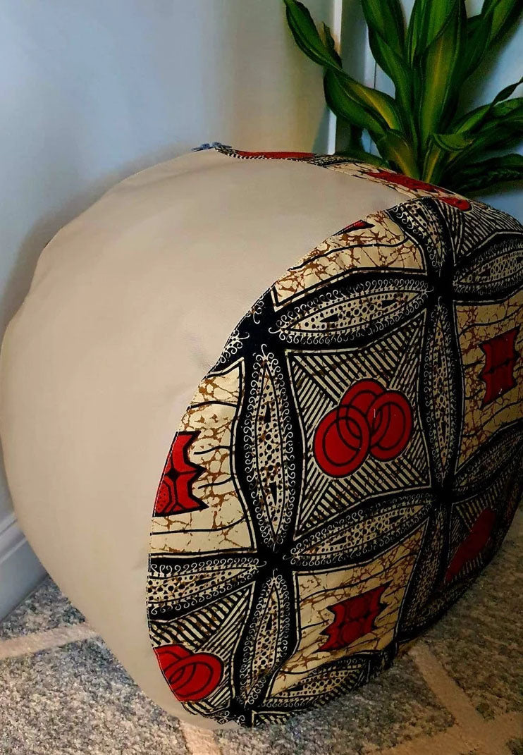 Red and Tan - Handmade leather and African print footstool storage pouffe
