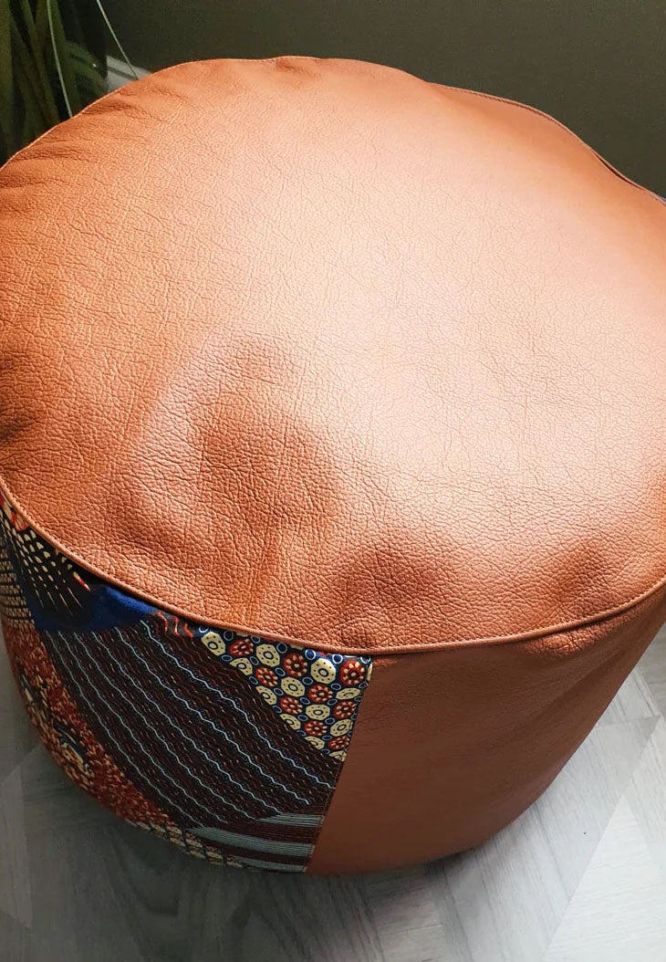 Earth - Handmade leather and African print footstool storage pouffe