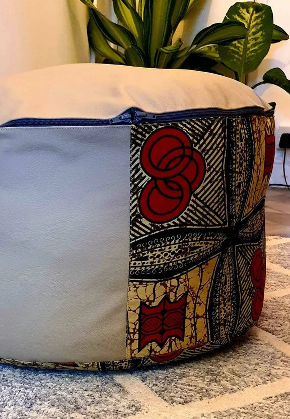 Red and Tan - Handmade leather and African print footstool storage pouffe