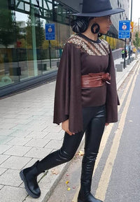Brown wool poncho cape top - kimono African print cape