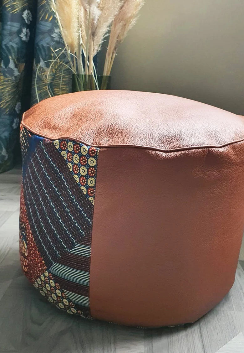 Earth - Handmade leather and African print footstool storage pouffe