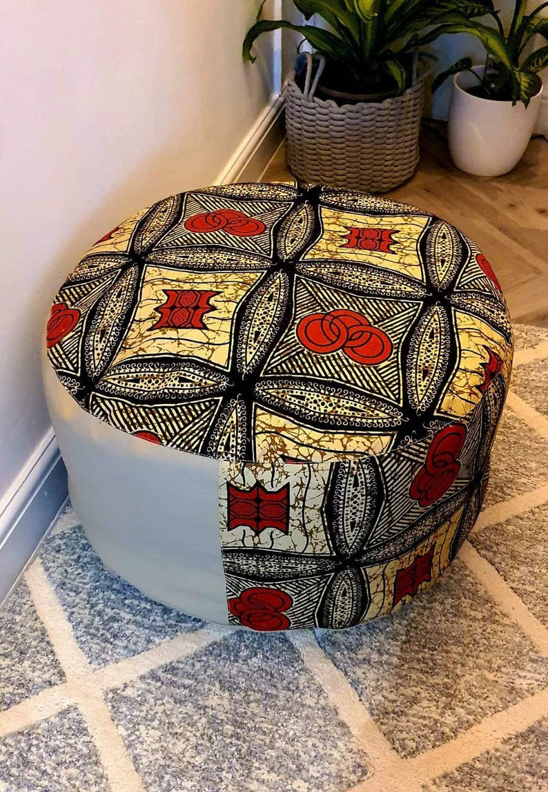 Red and Tan - Handmade leather and African print footstool storage pouffe