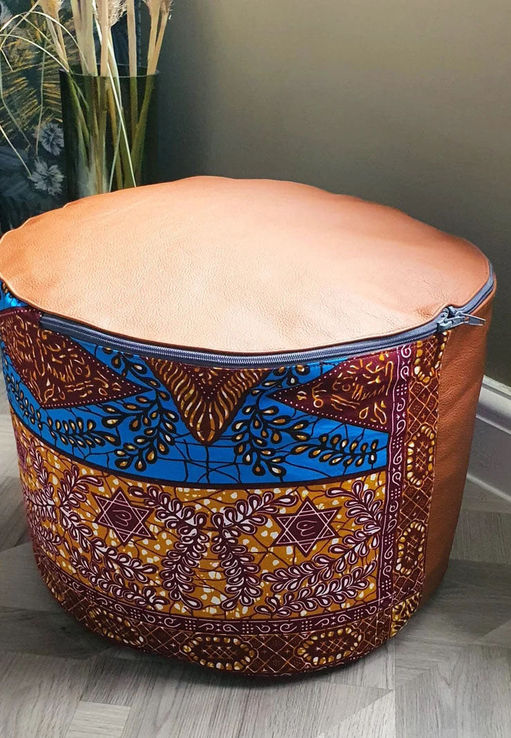 Dazzle - Handmade leather and African print footstool storage pouffe