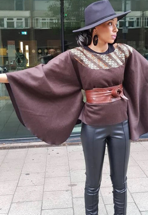 Brown wool poncho cape top - kimono African print cape