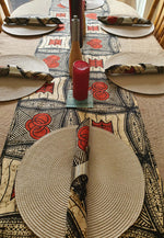 Table linen, Table cloth and Runner with Napkins - Jute and Orange and Black African print