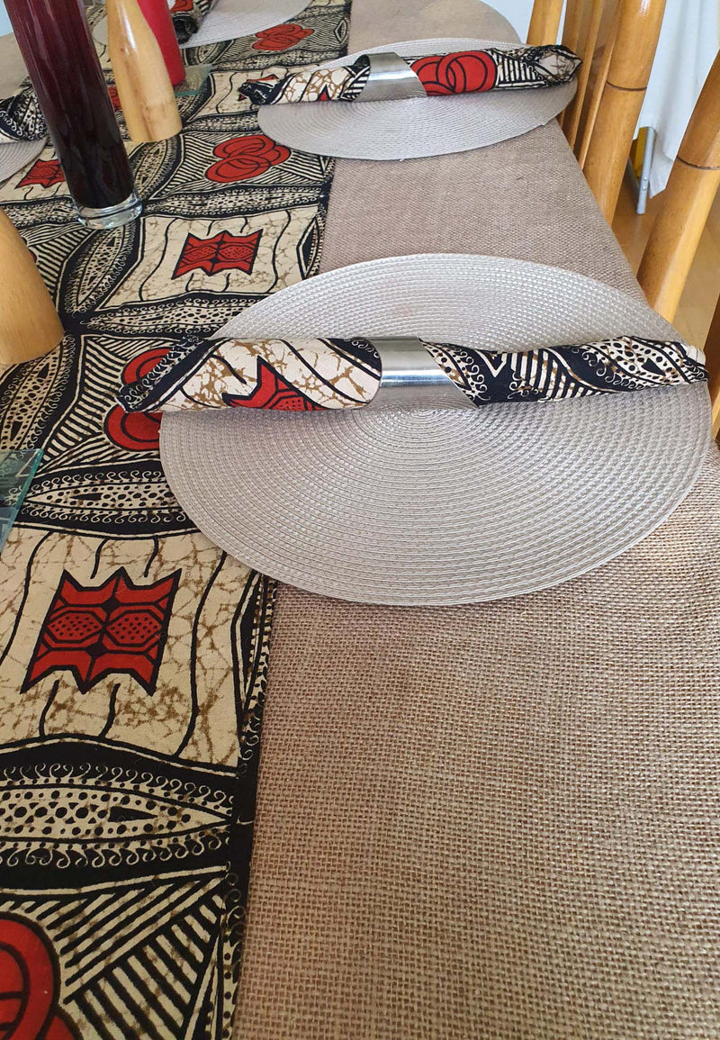 Table linen, Table cloth and Runner with Napkins - Jute and Orange and Black African print