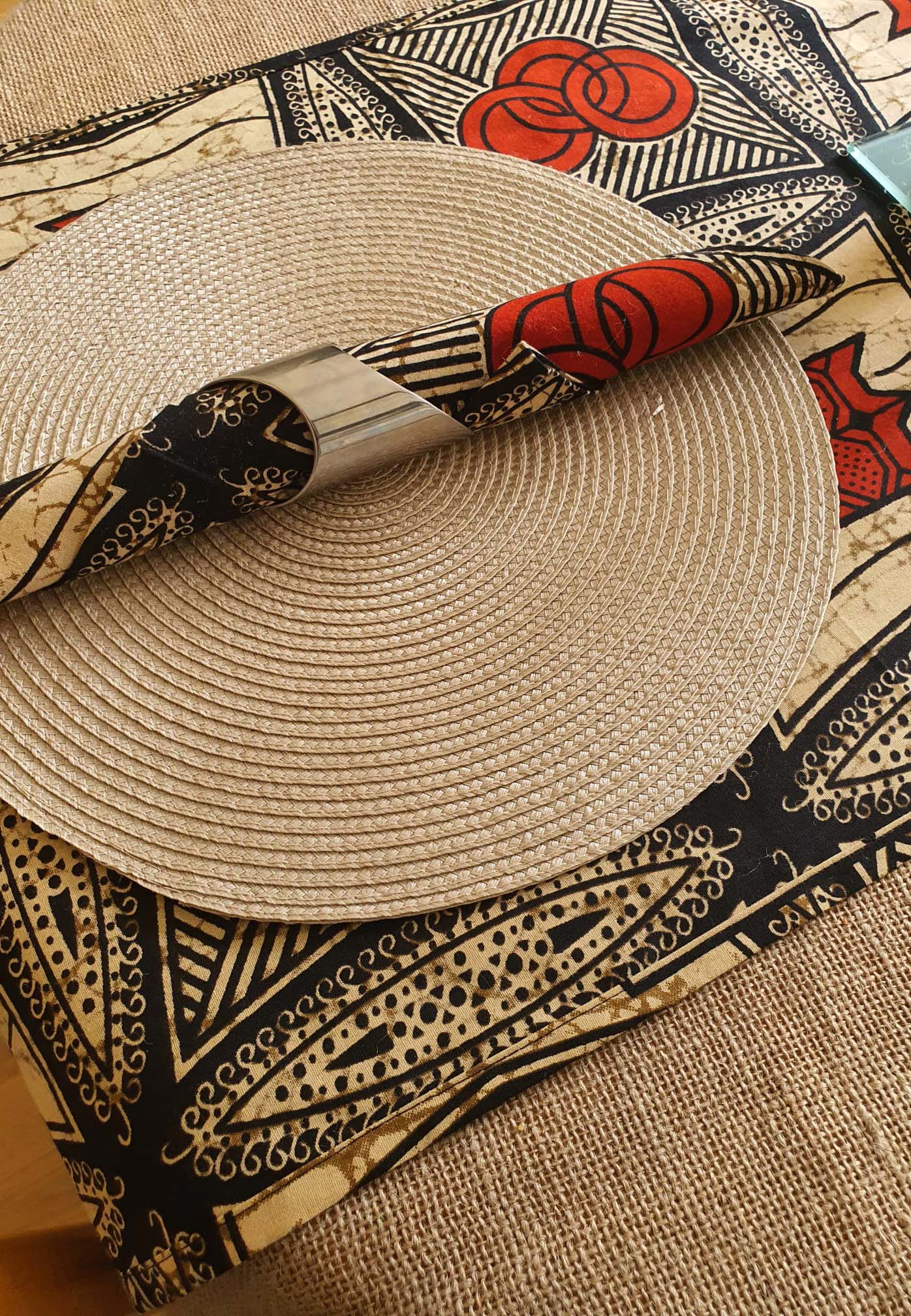 Table linen, Table cloth and Runner with Napkins - Jute and Orange and Black African print