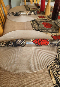 Table linen, Table cloth and Runner with Napkins - Jute and Orange and Black African print